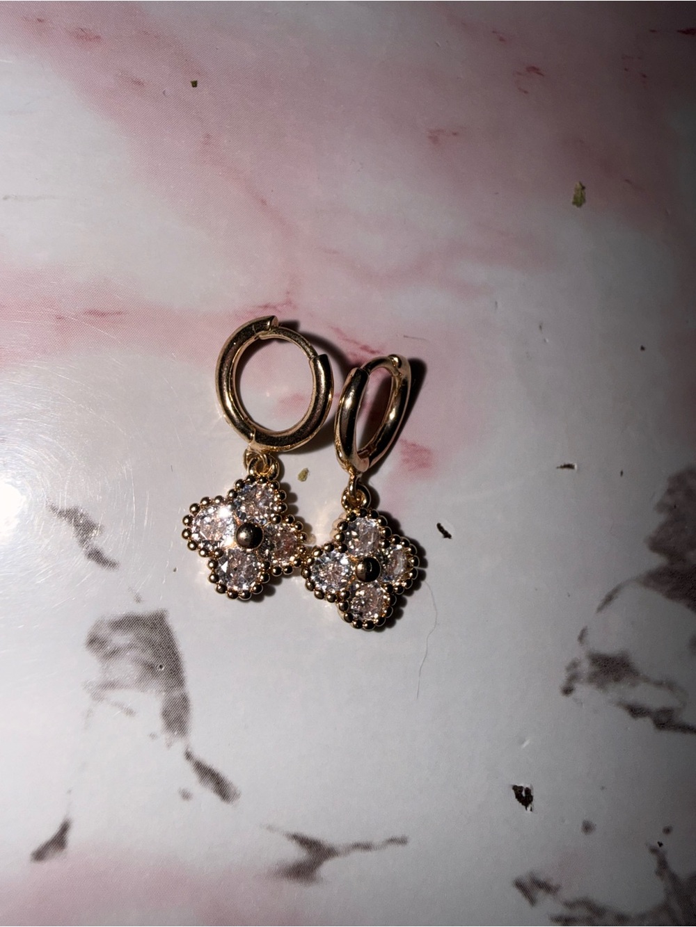 Source Unknown Gold Flower Dangle Hoop Earrings with Clear Stones - Picture 2 of 4